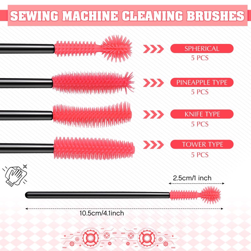 Rimcereal 20 Pcs Nook And Cranny Sewing Machine Cleaning Brushes For Quilting Supplies Reusable Silicone Dense Bristles Cleaning Brushes For Sewing Machine Internal And Spool Area(Black, Bright Pink) - Image 2